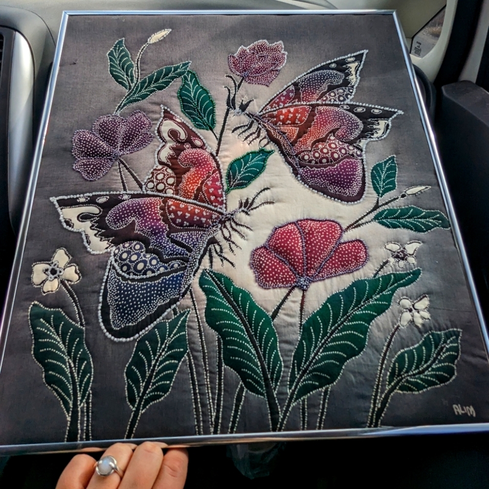 Vtg Beaded Butterfly Framed Batik Wall Art